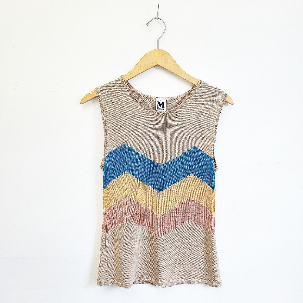M Missoni Beige/Blue/Pink Print Knit Top | S